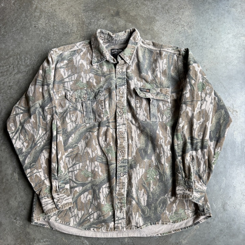 Vintage Rattlers Brand Faded Camo Chamois Shirt Treestand RARE Mens XL 25x26
